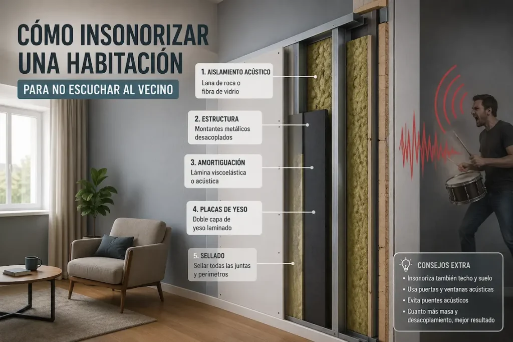 Cómo insonorizar una habitación para no escuchar al vecino con yeso laminado y materiales aislantes